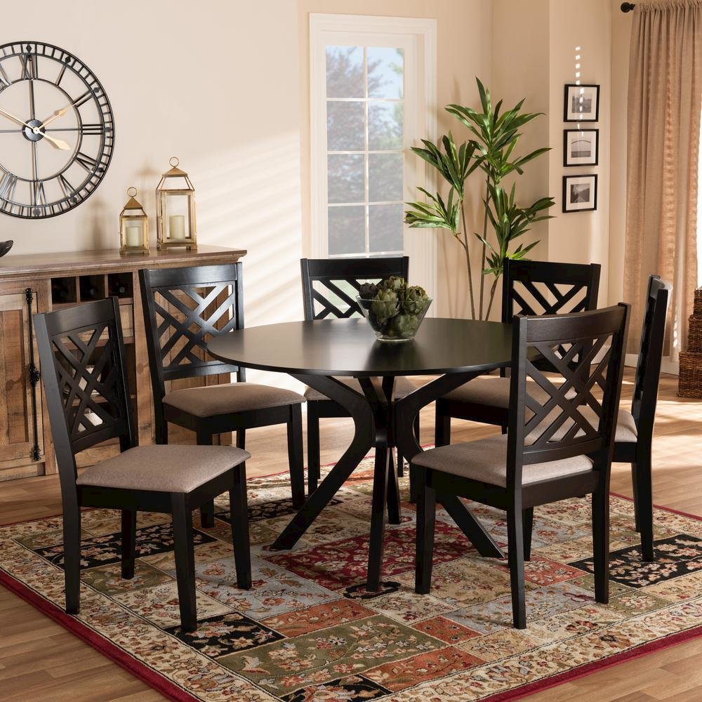 Sand Fabric Upholstered and Dark Brown Finished Wood 7-Piece Dining Set. Picture 14