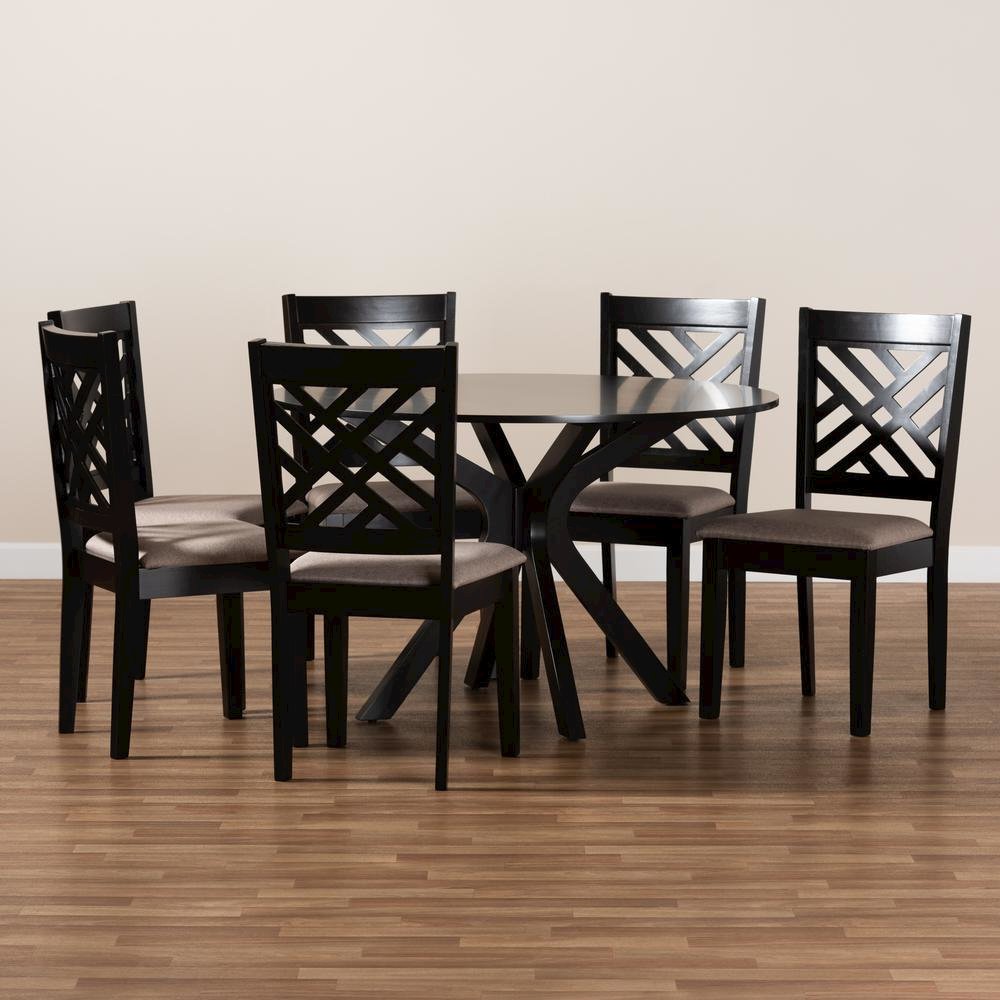Sand Fabric Upholstered and Dark Brown Finished Wood 7-Piece Dining Set. Picture 15