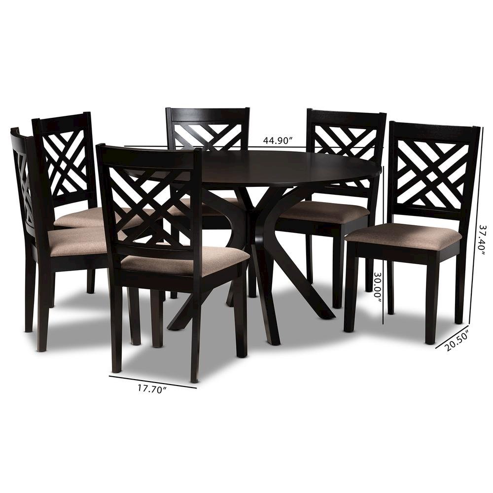 Sand Fabric Upholstered and Dark Brown Finished Wood 7-Piece Dining Set. Picture 16