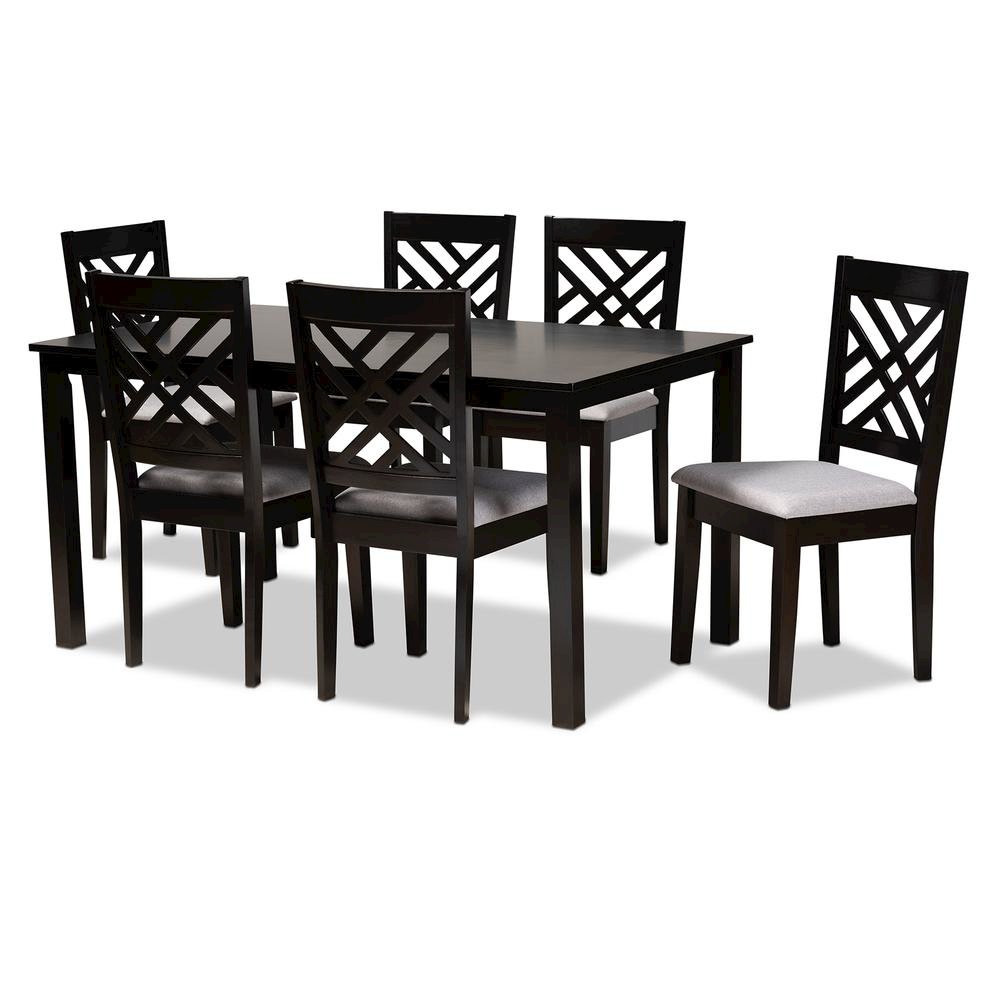 Grey Fabric Upholstered Espresso Brown Finished Wood 7-Piece Dining Set. Picture 8