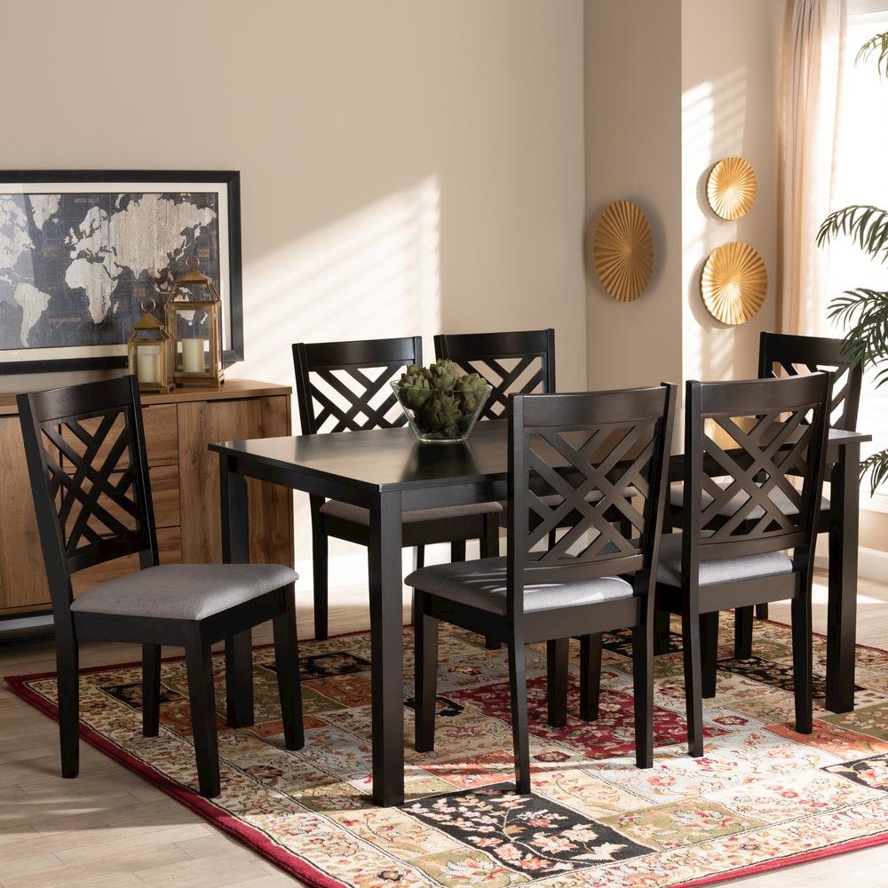 Grey Fabric Upholstered Espresso Brown Finished Wood 7-Piece Dining Set. Picture 12