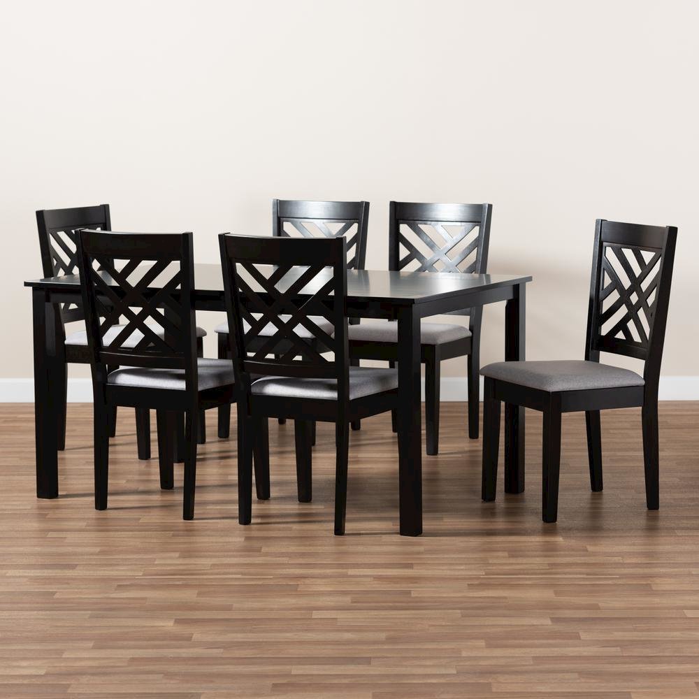Grey Fabric Upholstered Espresso Brown Finished Wood 7-Piece Dining Set. Picture 13
