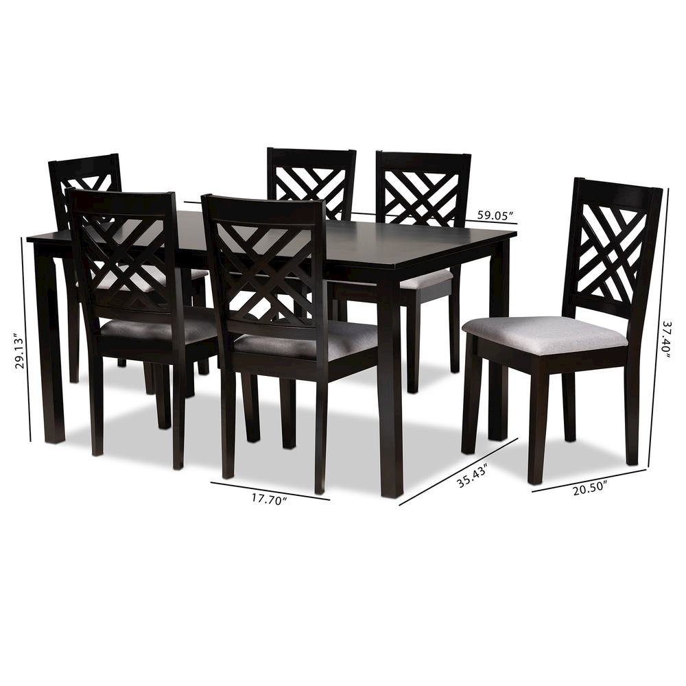 Grey Fabric Upholstered Espresso Brown Finished Wood 7-Piece Dining Set. Picture 14