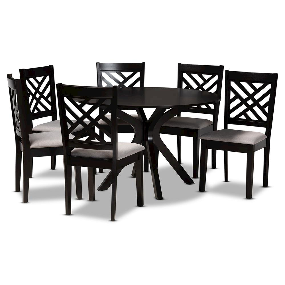 Grey Fabric Upholstered and Dark Brown Finished Wood 7-Piece Dining Set. Picture 10