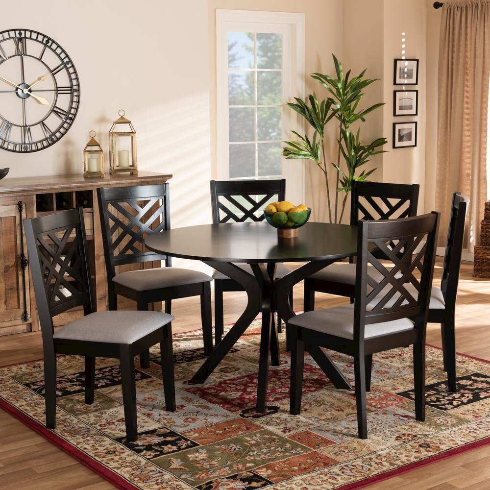 Grey Fabric Upholstered and Dark Brown Finished Wood 7-Piece Dining Set. Picture 15