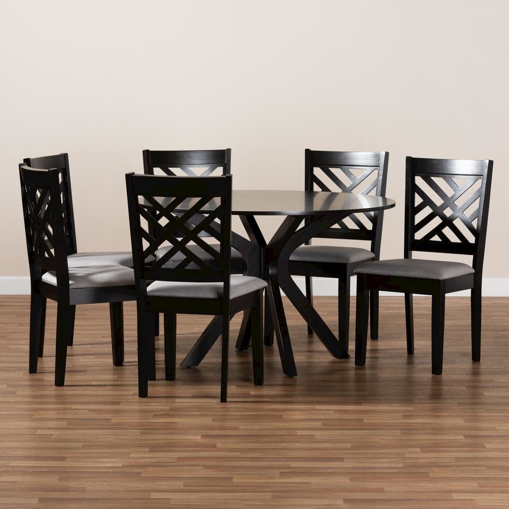 Grey Fabric Upholstered and Dark Brown Finished Wood 7-Piece Dining Set. Picture 16