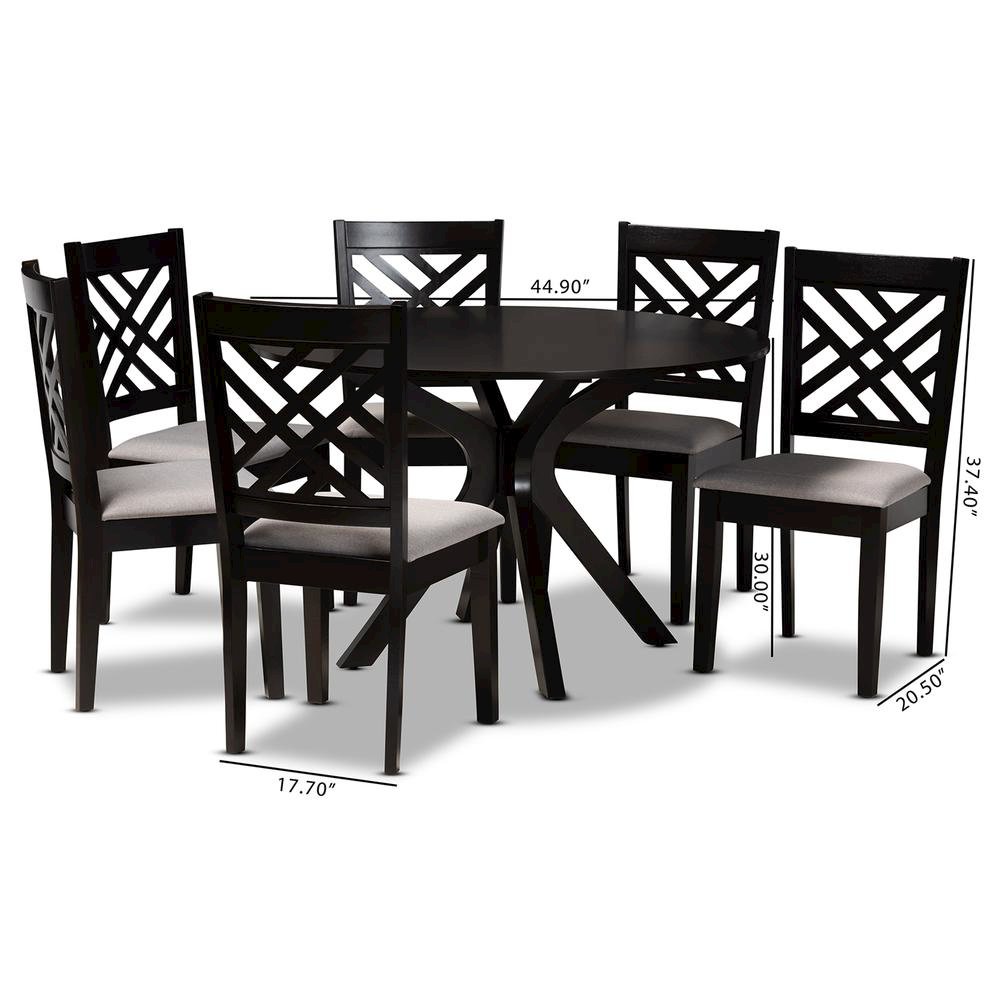 Grey Fabric Upholstered and Dark Brown Finished Wood 7-Piece Dining Set. Picture 17