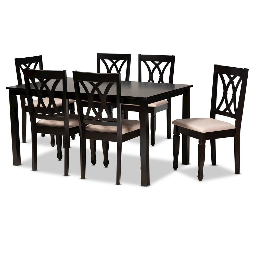 Sand Fabric Upholstered Espresso Brown Finished Wood 7-Piece Dining Set. Picture 9