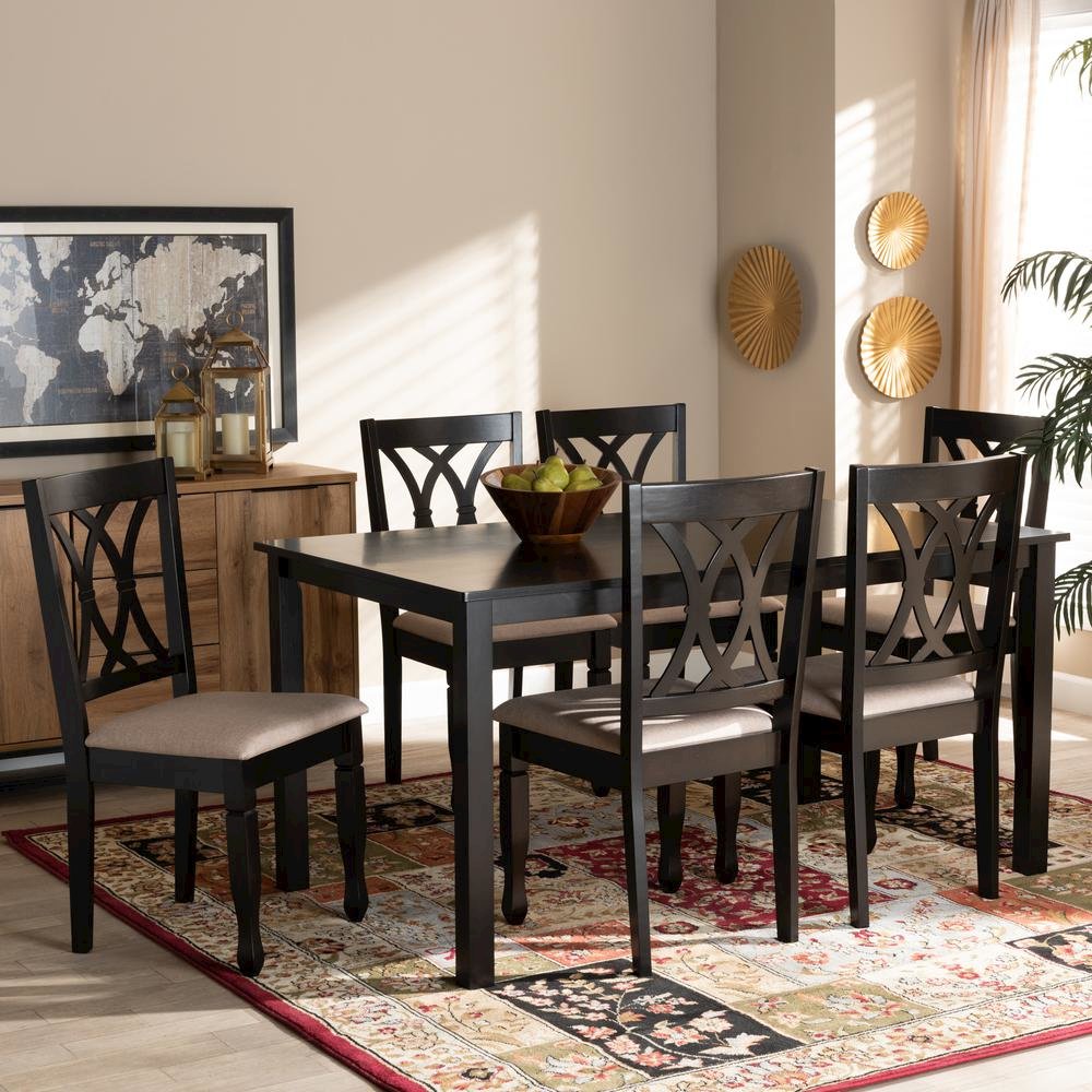 Sand Fabric Upholstered Espresso Brown Finished Wood 7-Piece Dining Set. Picture 14