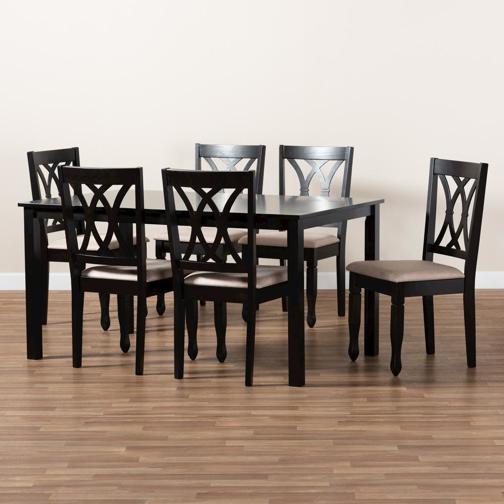 Sand Fabric Upholstered Espresso Brown Finished Wood 7-Piece Dining Set. Picture 15