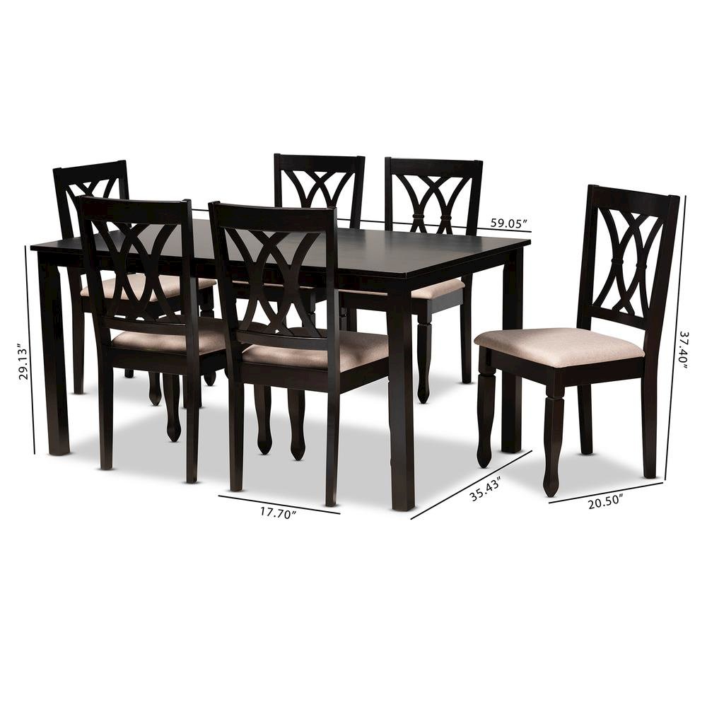 Sand Fabric Upholstered Espresso Brown Finished Wood 7-Piece Dining Set. Picture 16