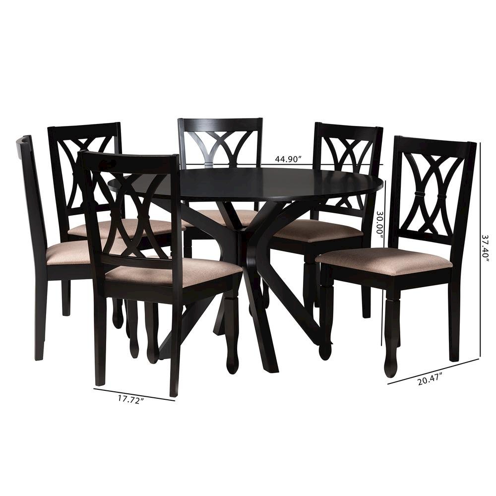 Maya Modern Beige Fabric and Espresso Brown Finished Wood 7-Piece Dining Set. Picture 20