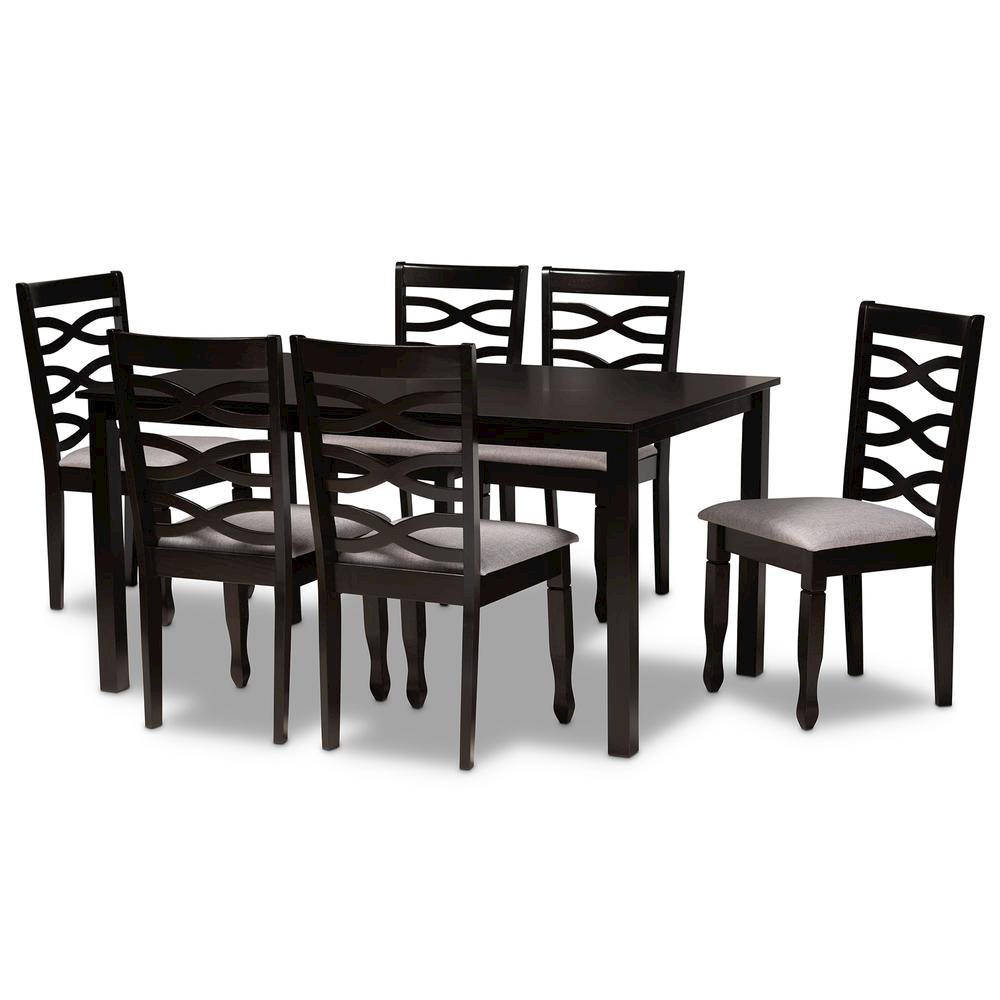 Grey Fabric Upholstered and Dark Brown Finished Wood 7-Piece Dining Set. Picture 10