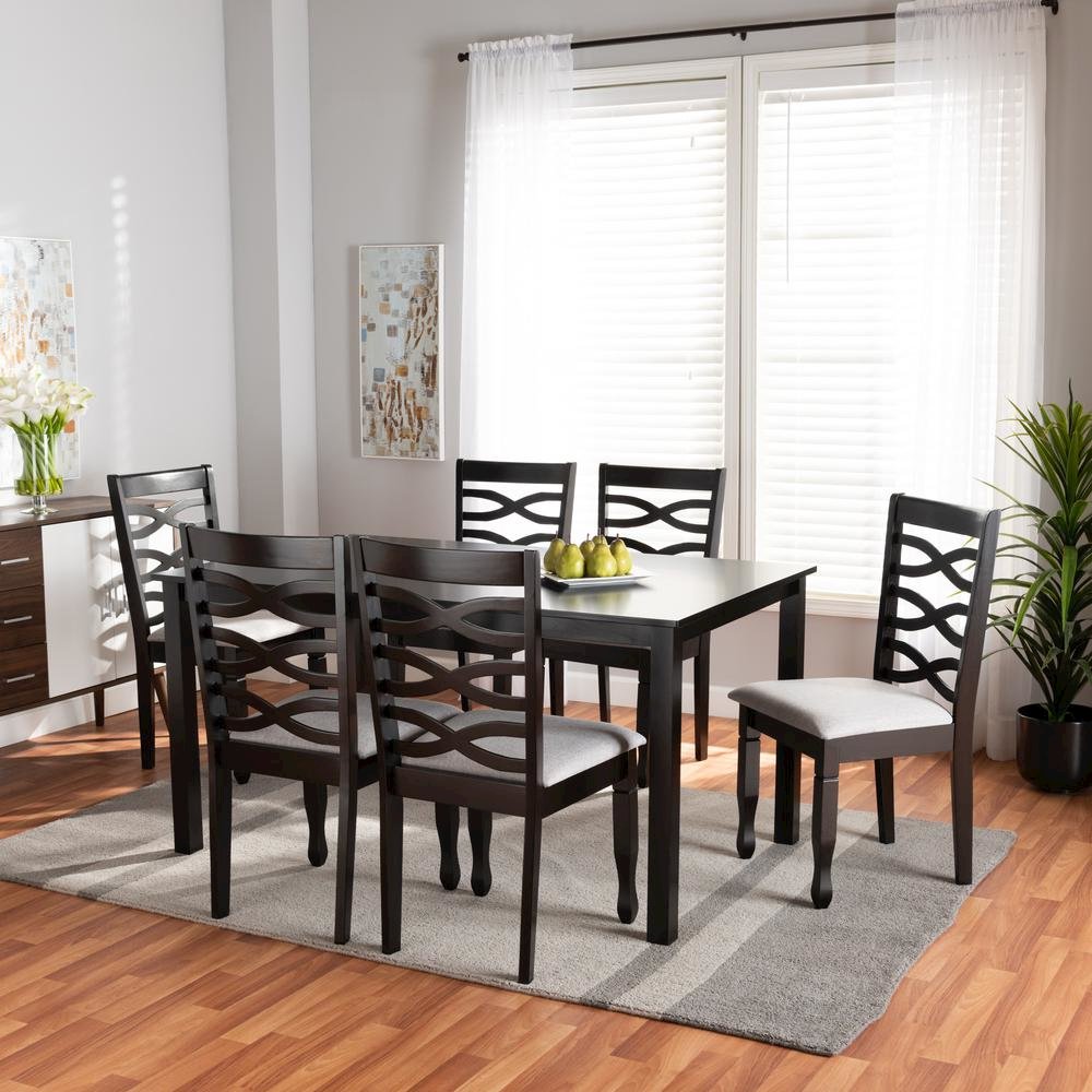 Grey Fabric Upholstered and Dark Brown Finished Wood 7-Piece Dining Set. Picture 16