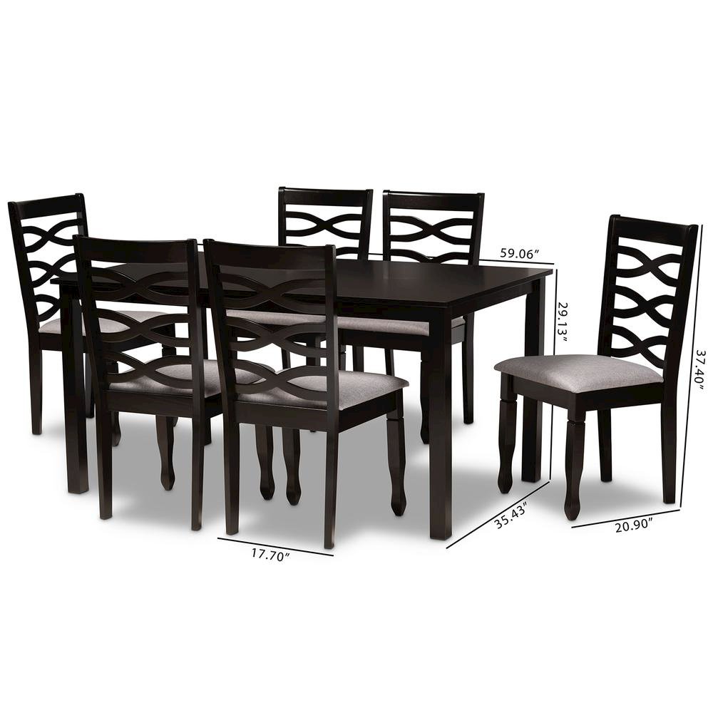 Grey Fabric Upholstered and Dark Brown Finished Wood 7-Piece Dining Set. Picture 18