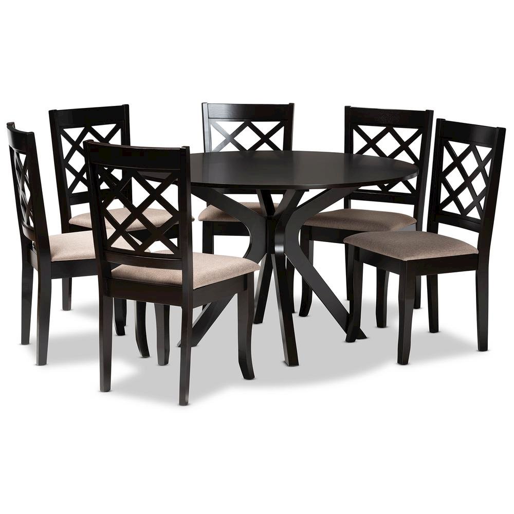 Sand Fabric Upholstered and Dark Brown Finished Wood 7-Piece Dining Set. Picture 10