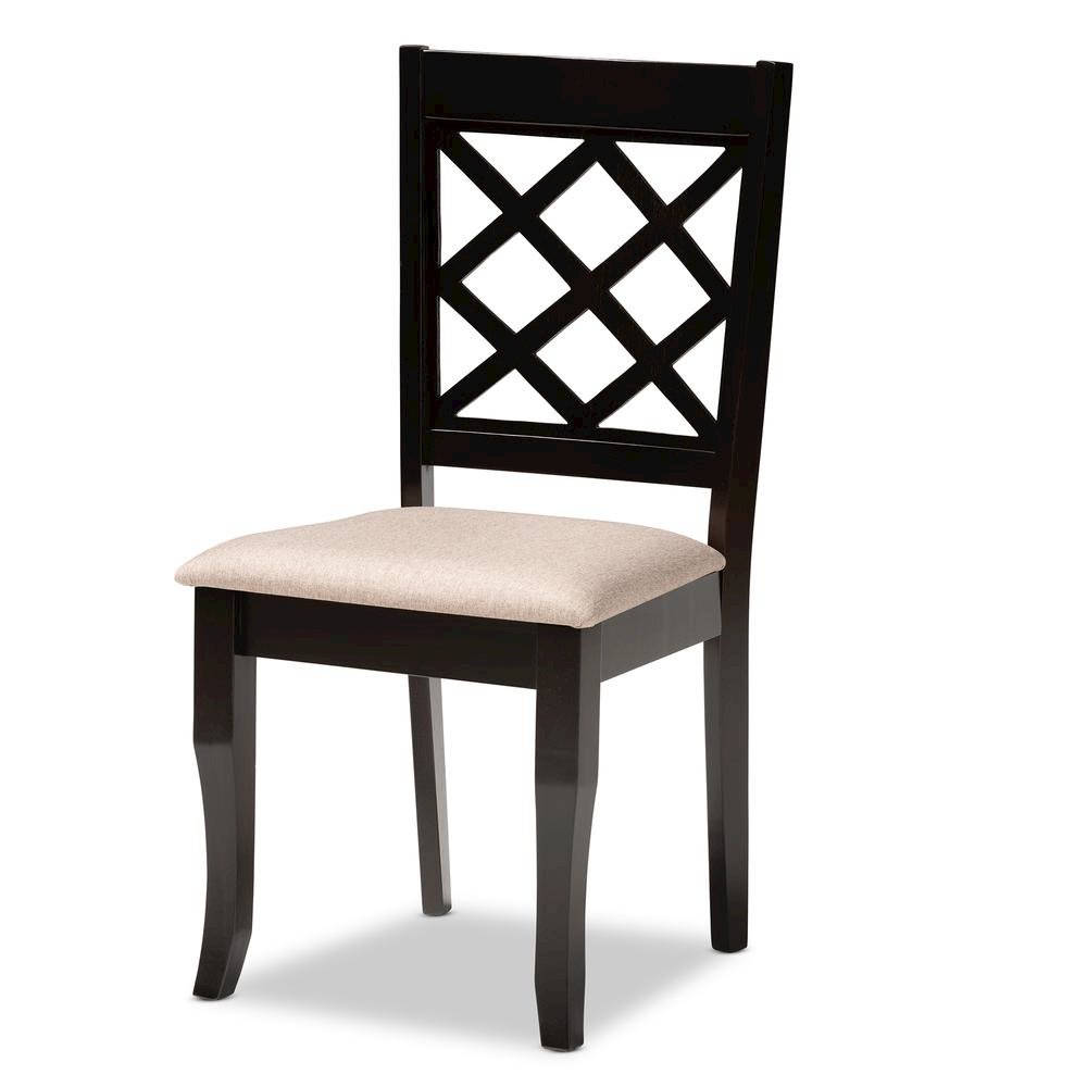 Sand Fabric Upholstered and Dark Brown Finished Wood 7-Piece Dining Set. Picture 11