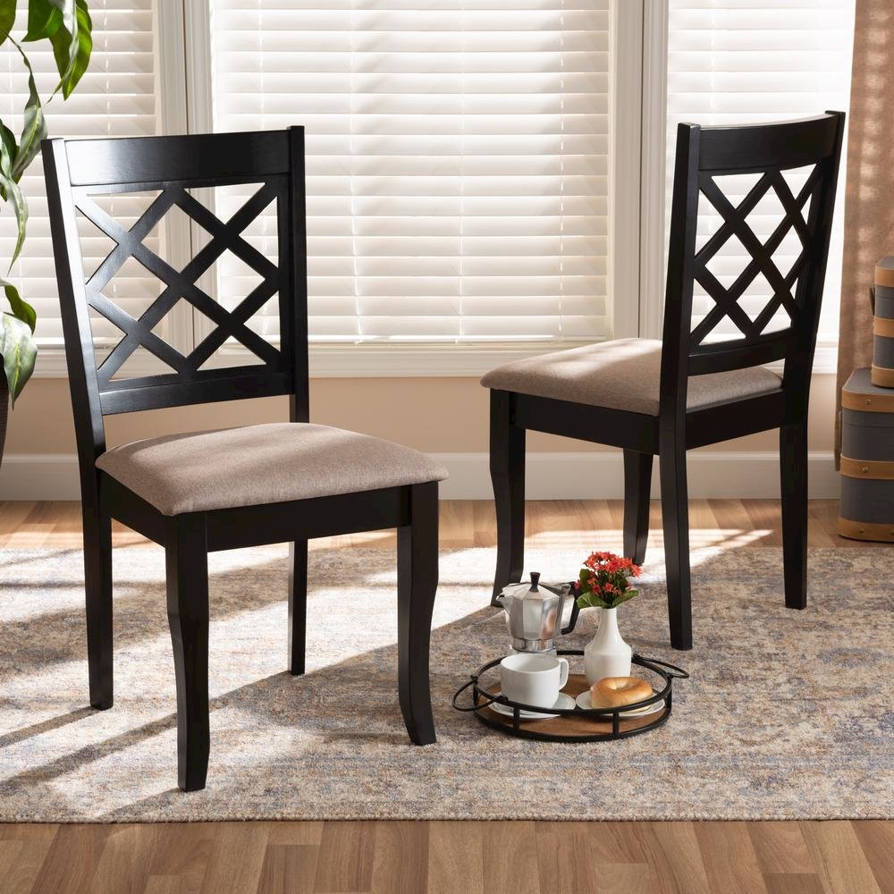Sand Fabric Upholstered Dark Brown Finished 2-Piece Wood Dining Chair Set. Picture 14