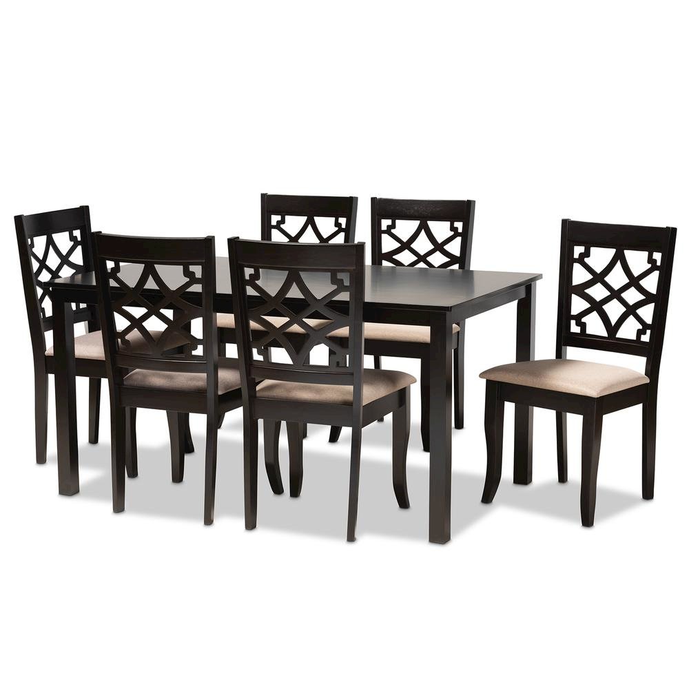 Sand Fabric Upholstered and Espresso Brown Finished Wood 7-Piece Dining Set. Picture 9
