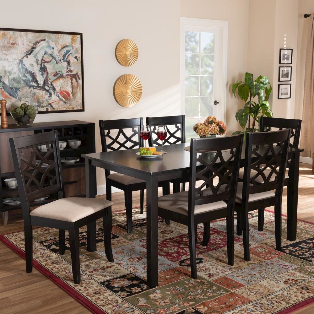 Sand Fabric Upholstered and Espresso Brown Finished Wood 7-Piece Dining Set. Picture 14