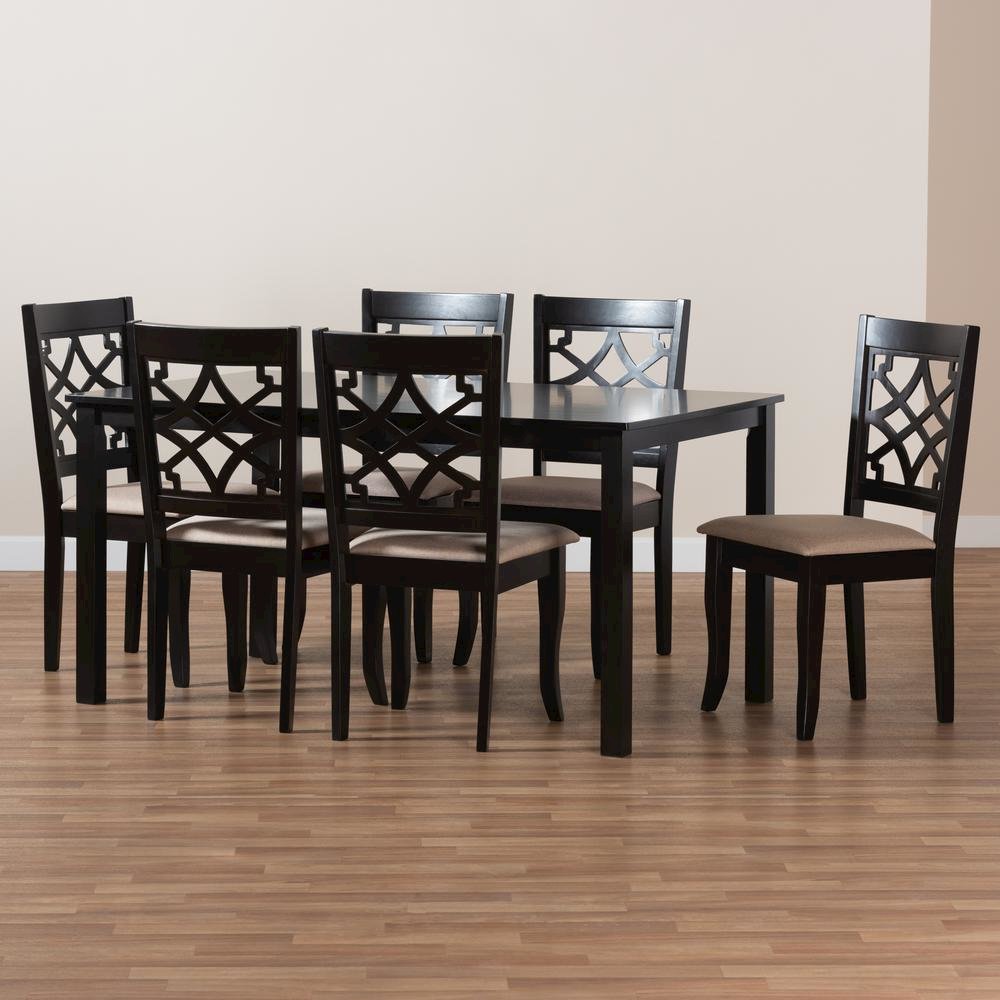Sand Fabric Upholstered and Espresso Brown Finished Wood 7-Piece Dining Set. Picture 15