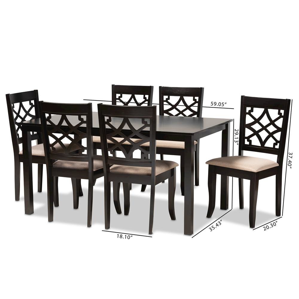 Sand Fabric Upholstered and Espresso Brown Finished Wood 7-Piece Dining Set. Picture 16