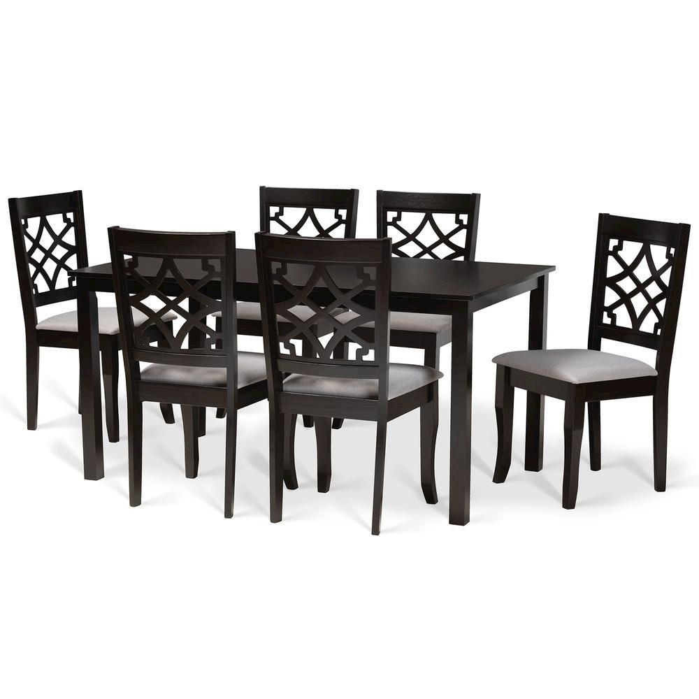 Grey Fabric Upholstered and Dark Brown Finished Wood 7-Piece Dining Set. Picture 10