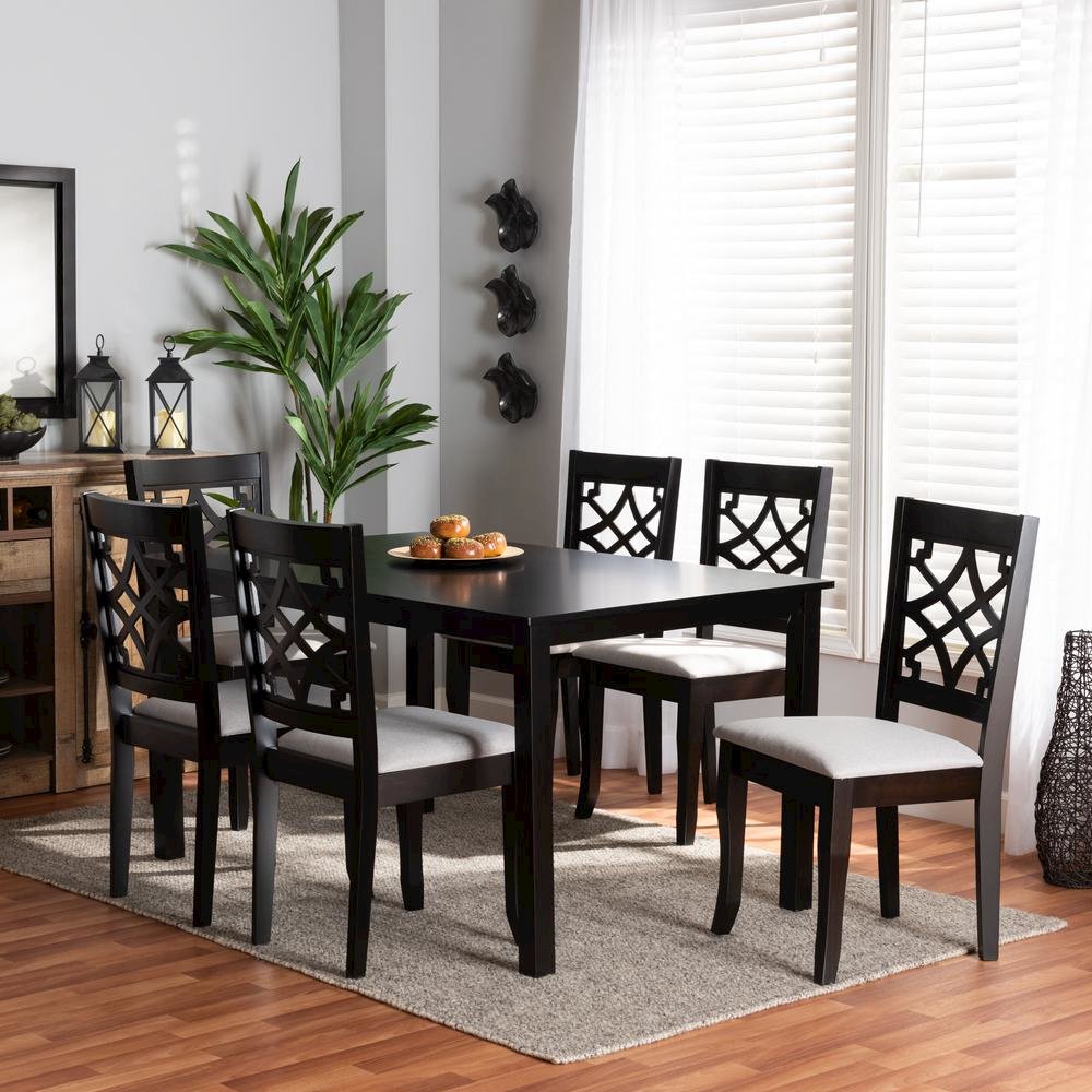 Grey Fabric Upholstered and Dark Brown Finished Wood 7-Piece Dining Set. Picture 16