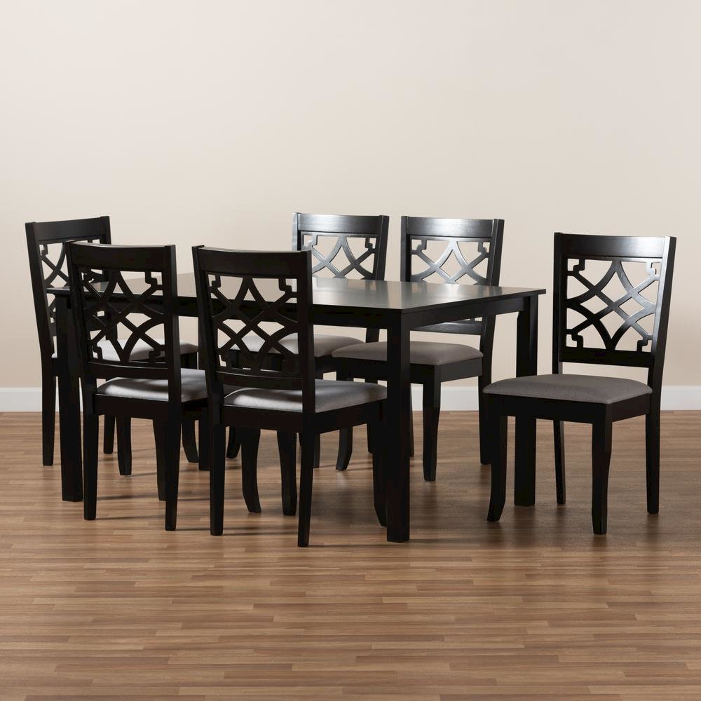 Grey Fabric Upholstered and Dark Brown Finished Wood 7-Piece Dining Set. Picture 17
