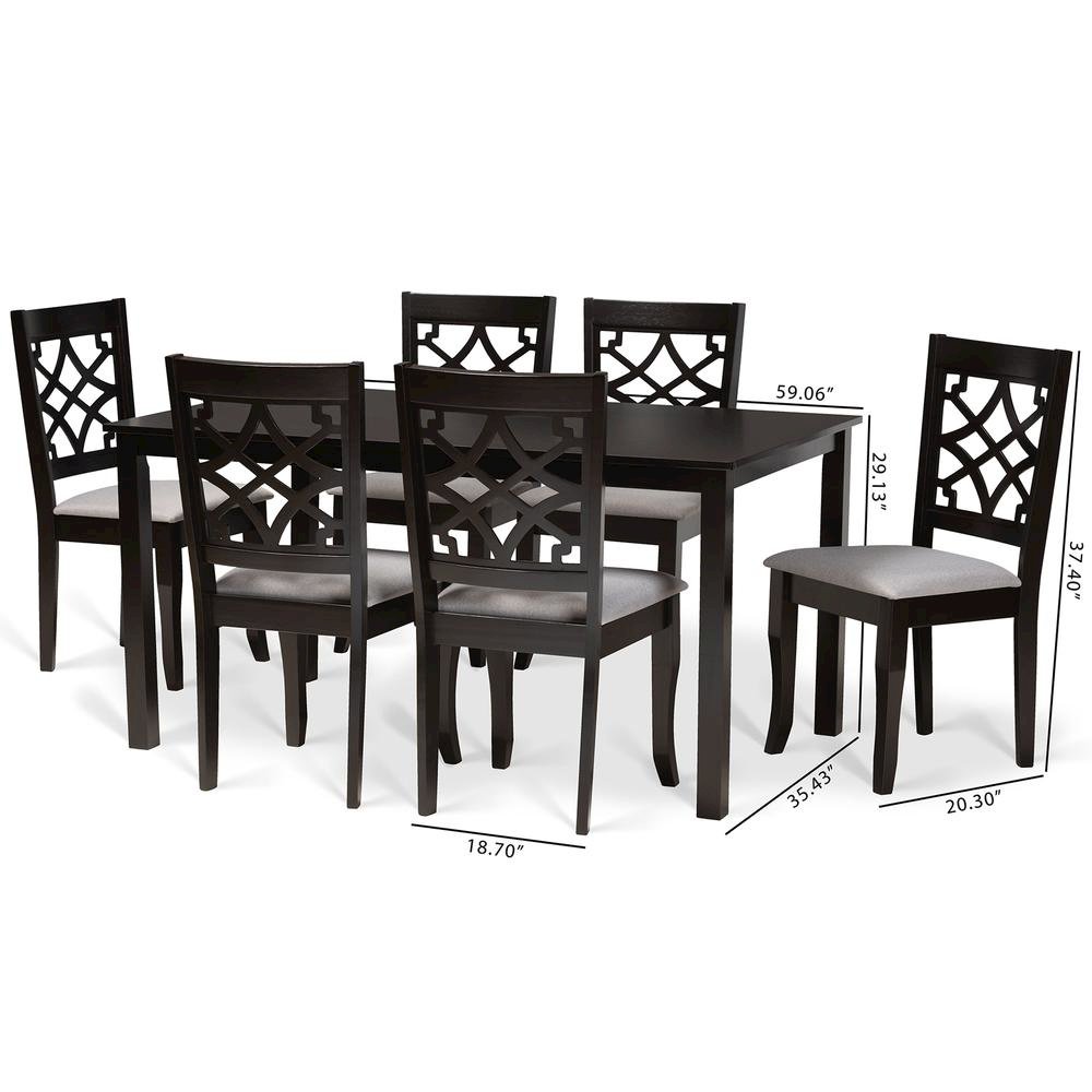 Grey Fabric Upholstered and Dark Brown Finished Wood 7-Piece Dining Set. Picture 18