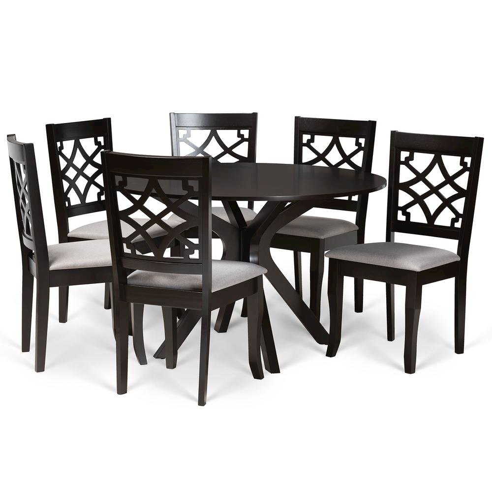 Grey Fabric Upholstered and Dark Brown Finished Wood 7-Piece Dining Set. Picture 10
