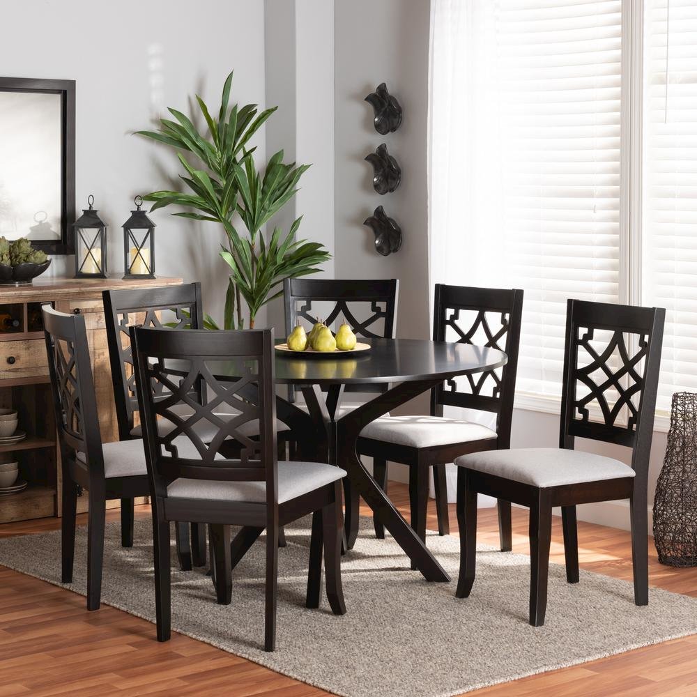 Grey Fabric Upholstered and Dark Brown Finished Wood 7-Piece Dining Set. Picture 16