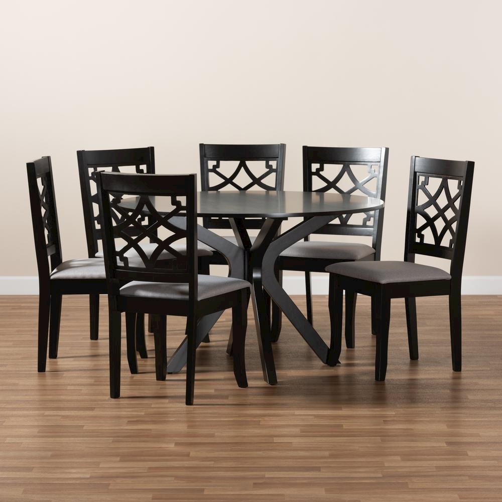 Grey Fabric Upholstered and Dark Brown Finished Wood 7-Piece Dining Set. Picture 17