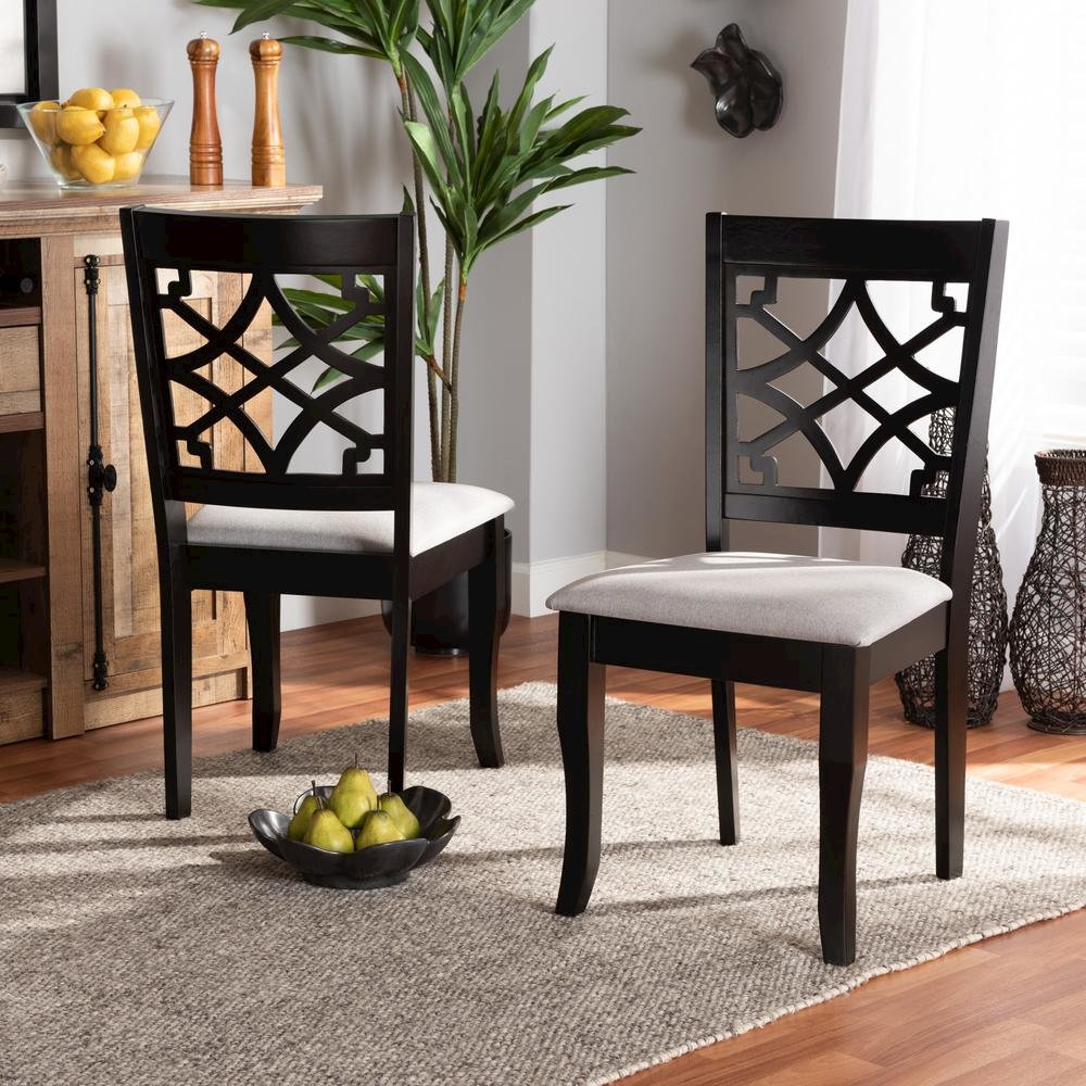Grey Fabric Upholstered and Dark Brown Finished Wood 2-Piece Dining Chair Set. Picture 14
