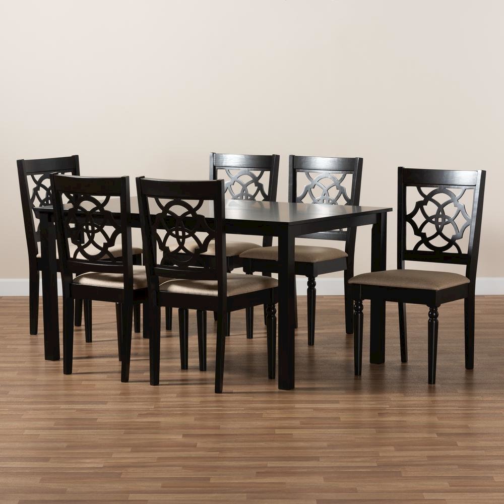 Sand Fabric Upholstered and Dark Brown Finished Wood 7-Piece Dining Set. Picture 17