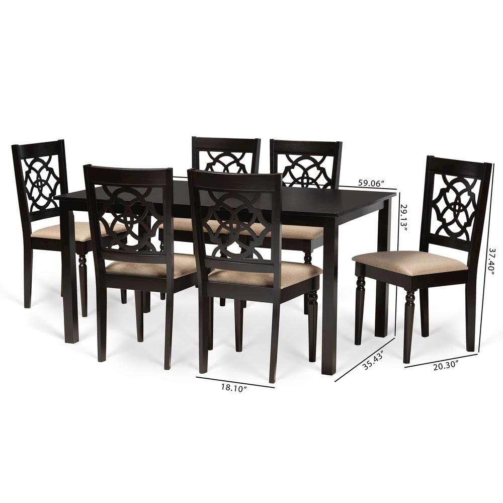 Sand Fabric Upholstered and Dark Brown Finished Wood 7-Piece Dining Set. Picture 18