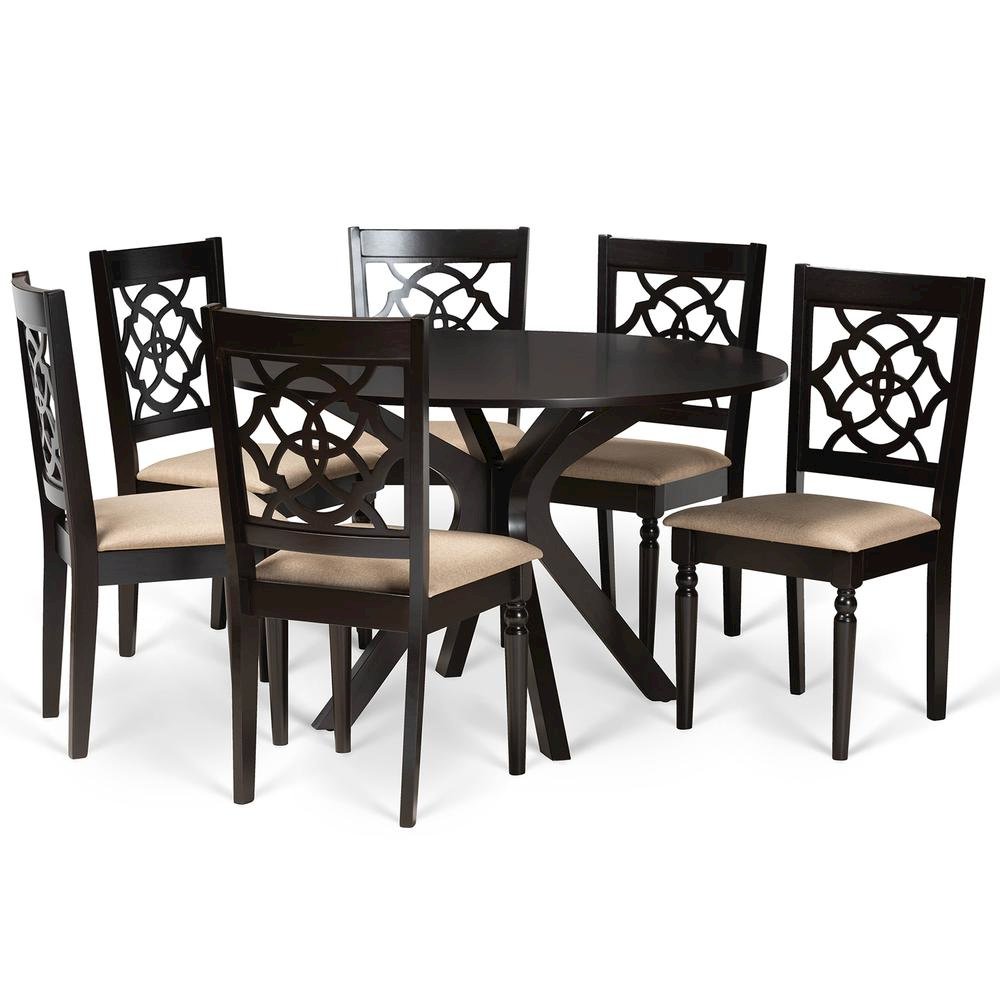 Sand Fabric Upholstered and Dark Brown Finished Wood 7-Piece Dining Set. Picture 10