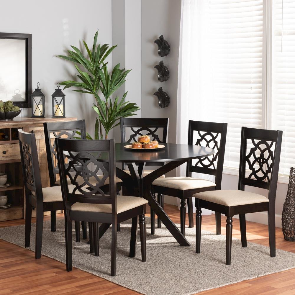 Sand Fabric Upholstered and Dark Brown Finished Wood 7-Piece Dining Set. Picture 16