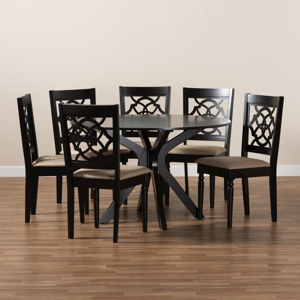 Sand Fabric Upholstered and Dark Brown Finished Wood 7-Piece Dining Set. Picture 17