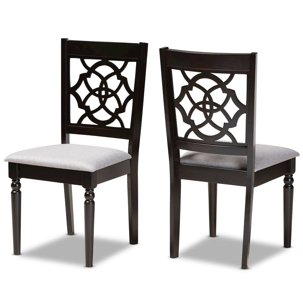 Grey Fabric Upholstered and Dark Brown Finished Wood 2-Piece Dining Chair Set. Picture 9