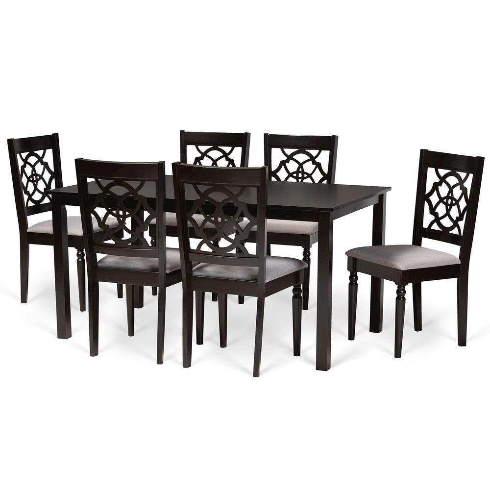 Grey Fabric Upholstered and Dark Brown Finished Wood 7-Piece Dining Set. Picture 10