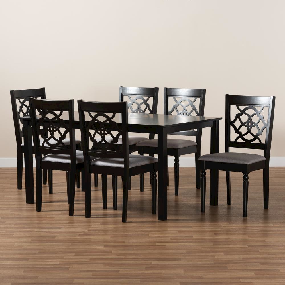 Grey Fabric Upholstered and Dark Brown Finished Wood 7-Piece Dining Set. Picture 17