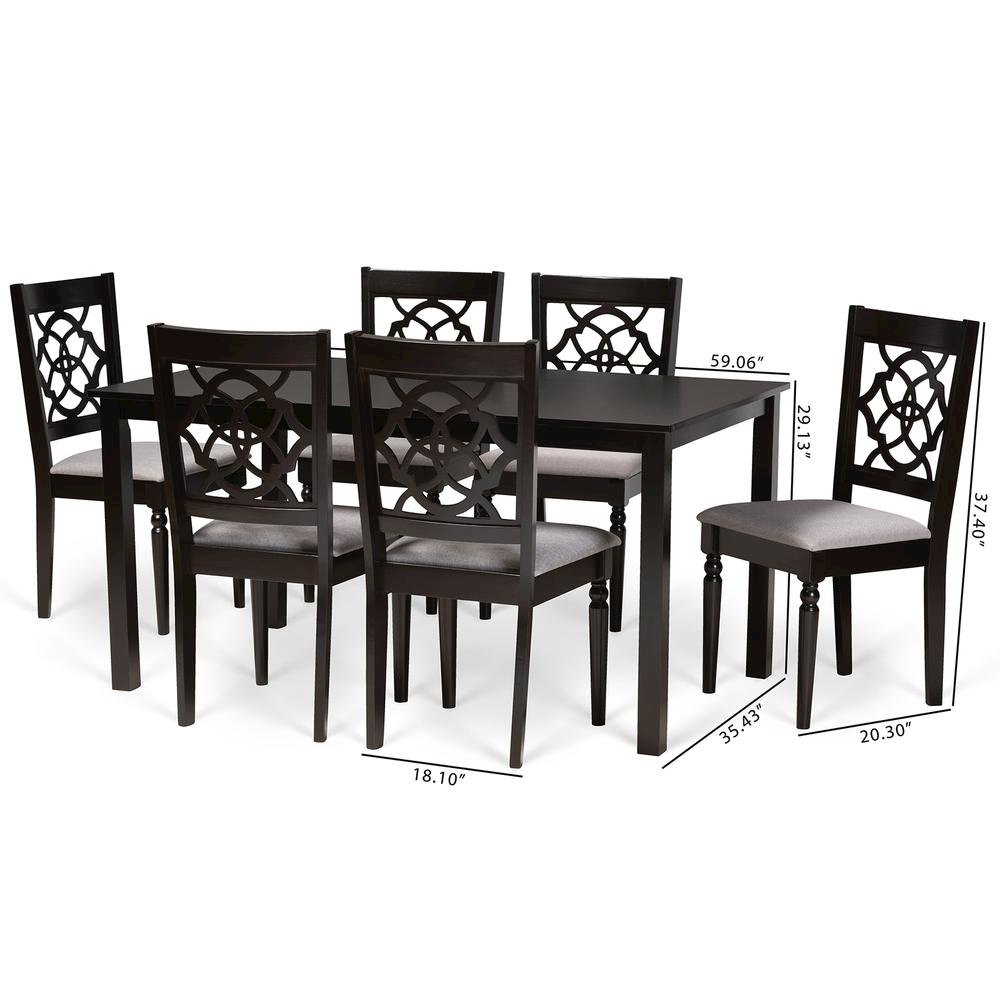 Grey Fabric Upholstered and Dark Brown Finished Wood 7-Piece Dining Set. Picture 18