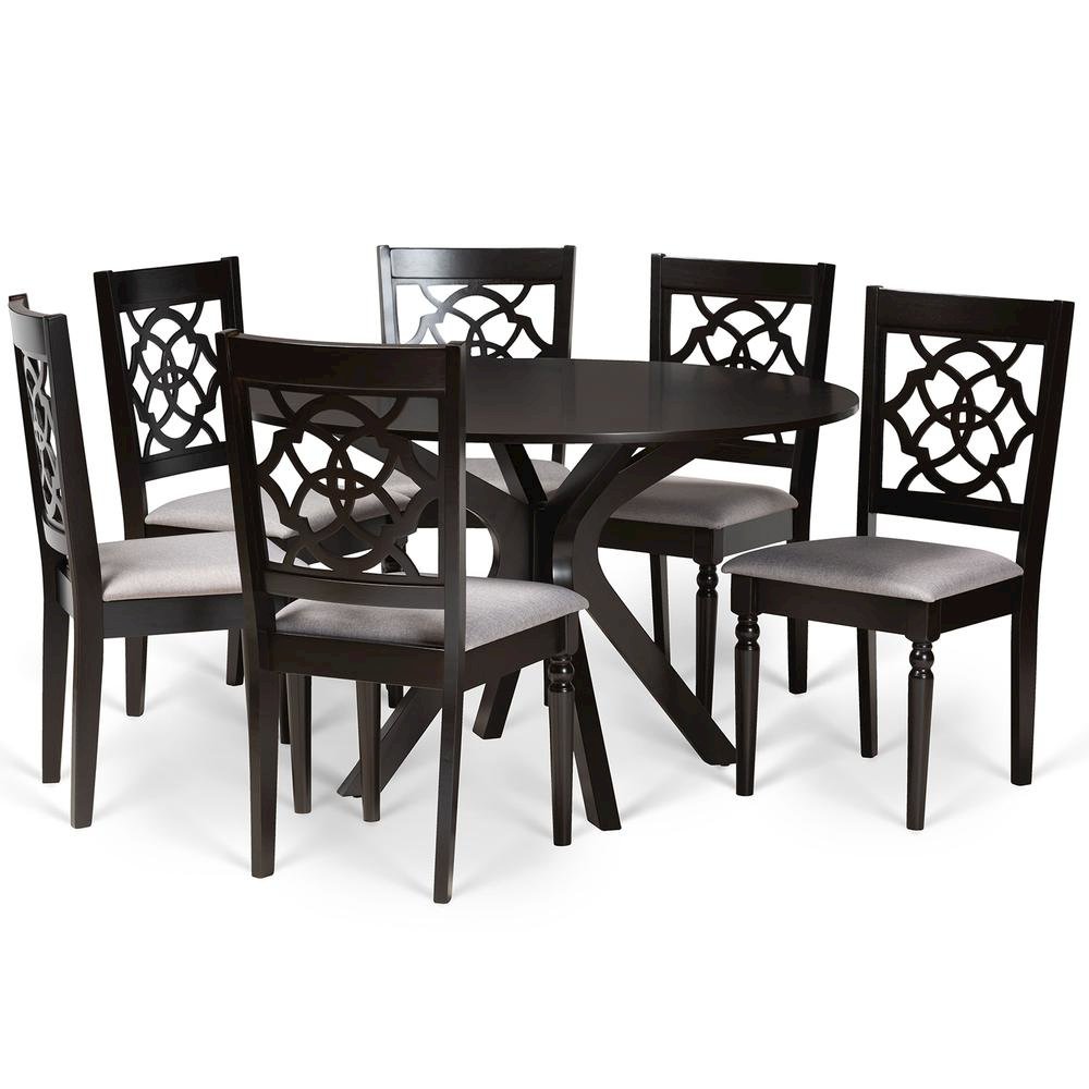 Grey Fabric Upholstered and Dark Brown Finished Wood 7-Piece Dining Set. Picture 10