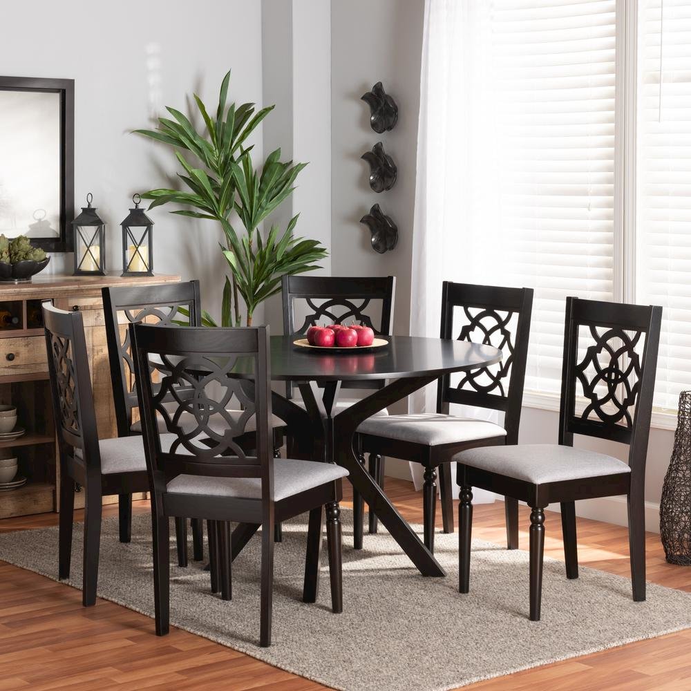 Grey Fabric Upholstered and Dark Brown Finished Wood 7-Piece Dining Set. Picture 16
