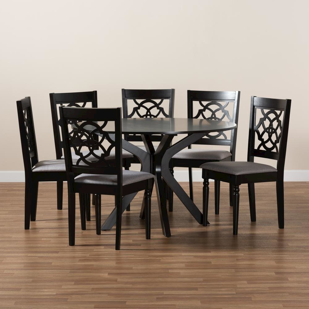 Grey Fabric Upholstered and Dark Brown Finished Wood 7-Piece Dining Set. Picture 17