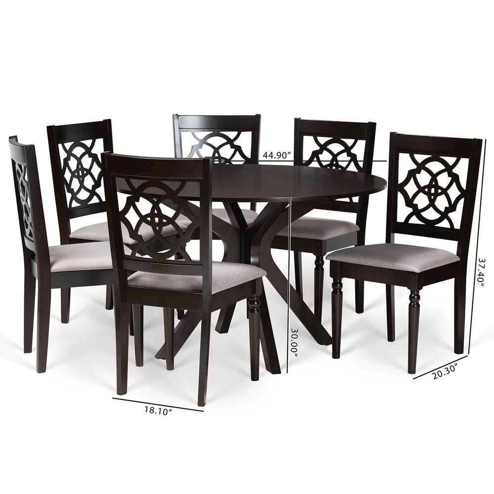 Grey Fabric Upholstered and Dark Brown Finished Wood 7-Piece Dining Set. Picture 18