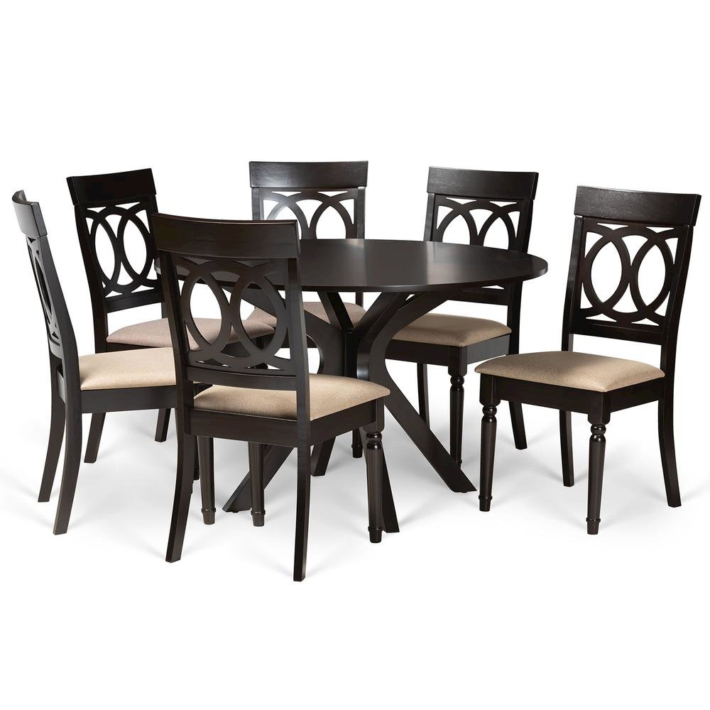 Sand Fabric Upholstered and Dark Brown Finished Wood 7-Piece Dining Set. Picture 10