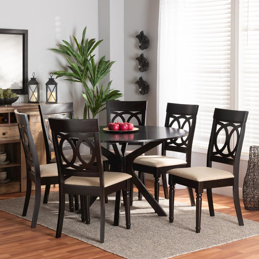 Sand Fabric Upholstered and Dark Brown Finished Wood 7-Piece Dining Set. Picture 16