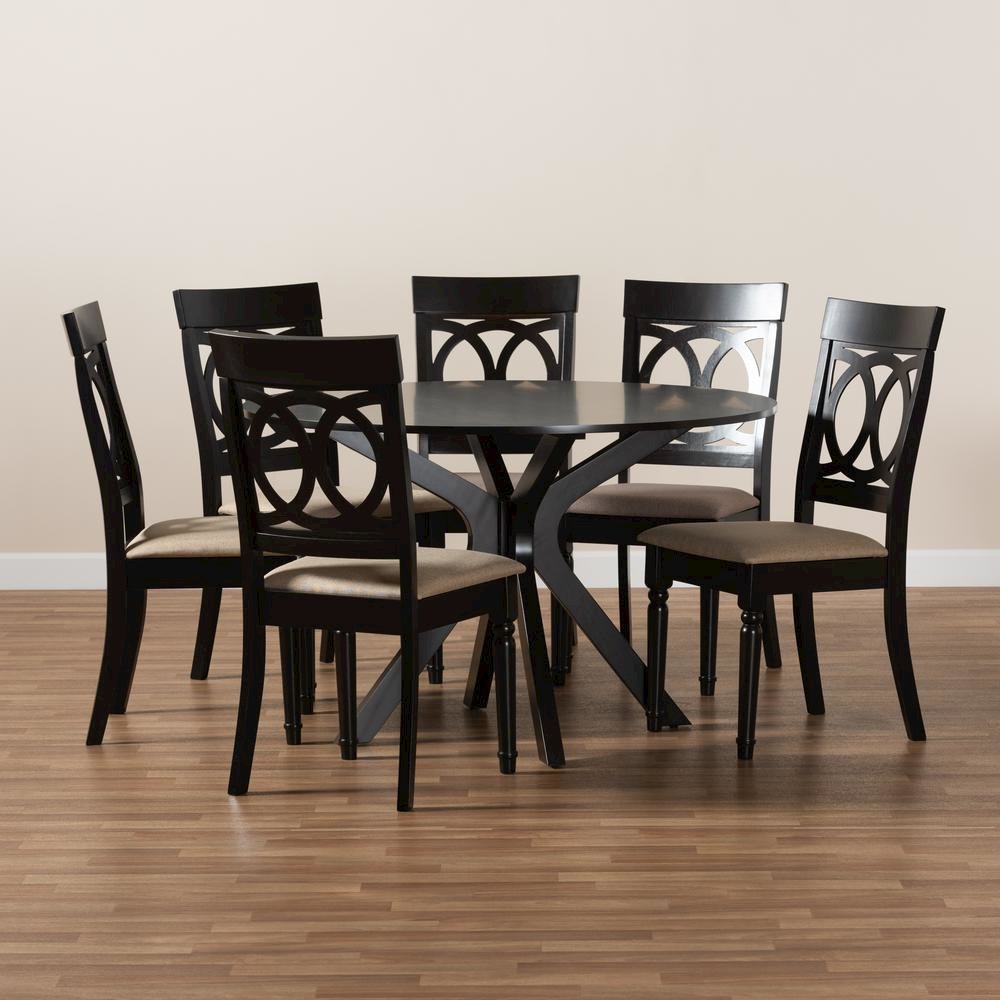 Sand Fabric Upholstered and Dark Brown Finished Wood 7-Piece Dining Set. Picture 17